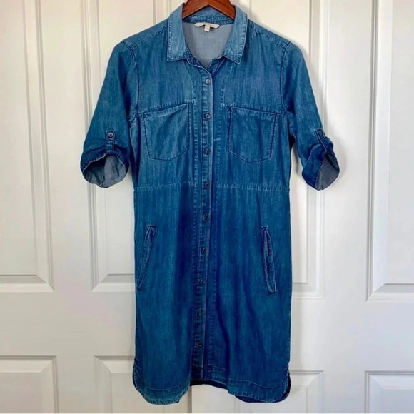 Calvin Klein Chambray Shirt Dress 100% Cotton Button Up Blue Quarter Sleeve Med - Picture 1 of 14